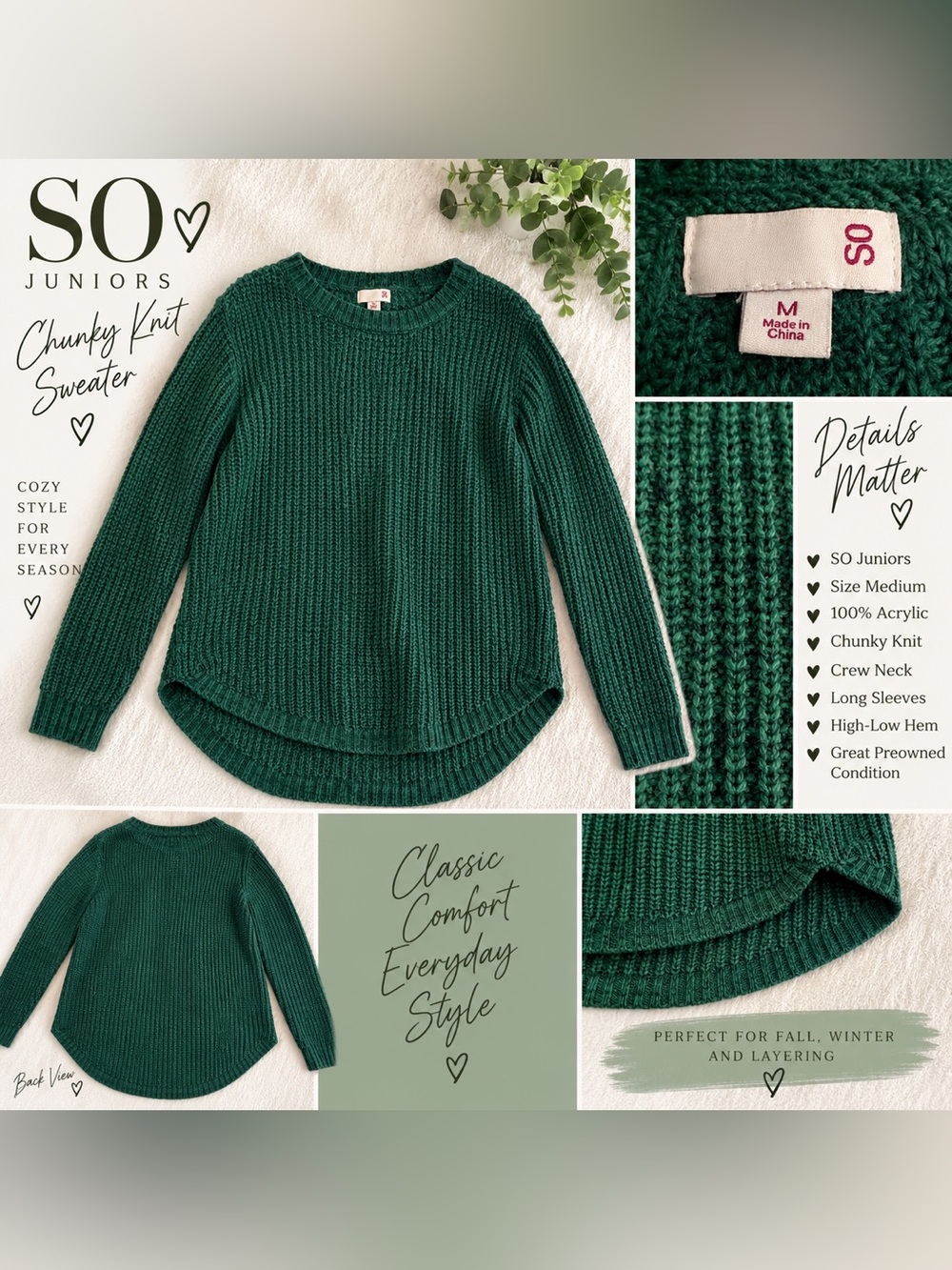 SO Chunky Crewneck Sweater in Forest Green
